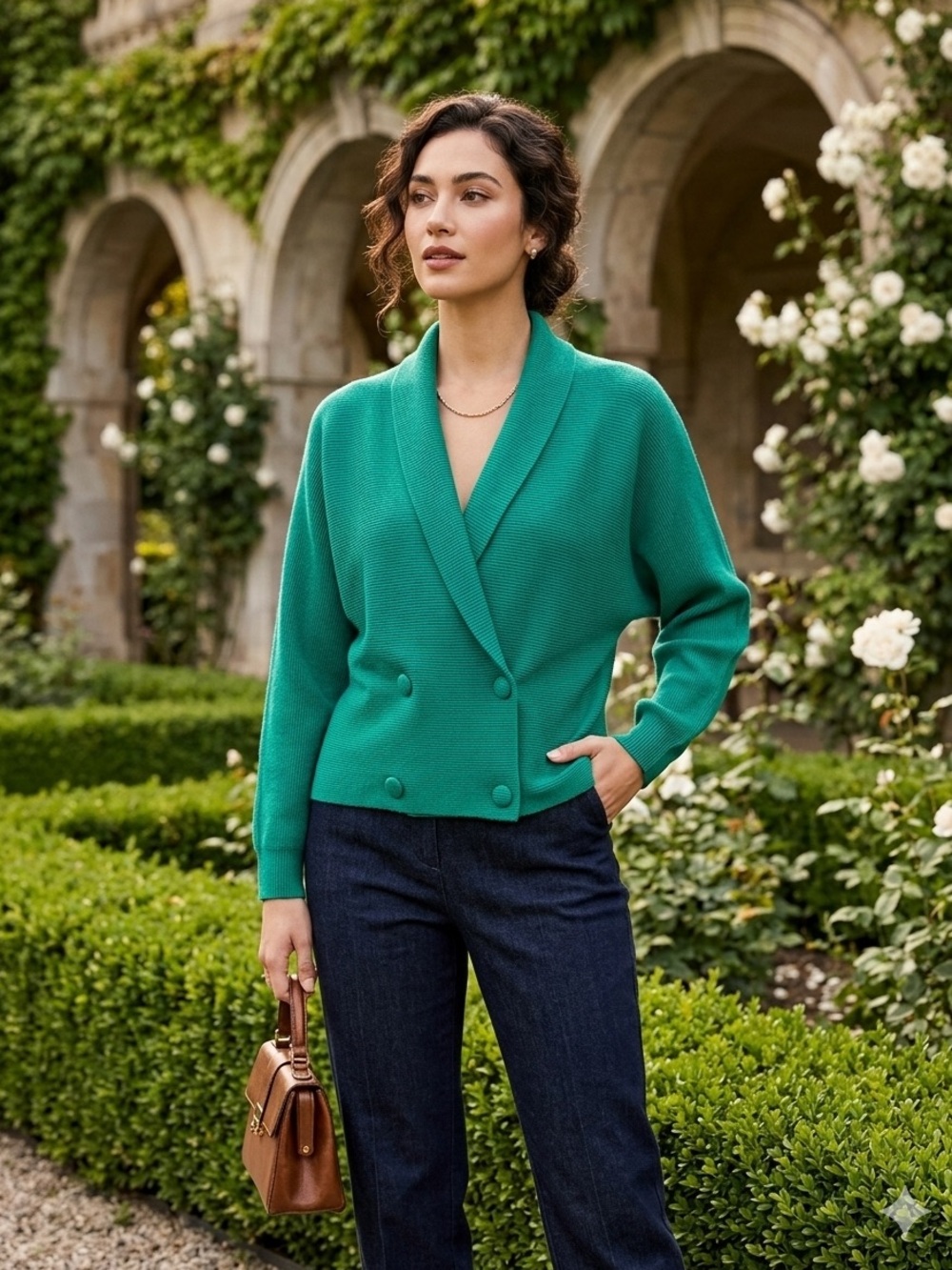 VTG Jones New York Green Lambswool Double Breasted Shawl Collar Cardigan S